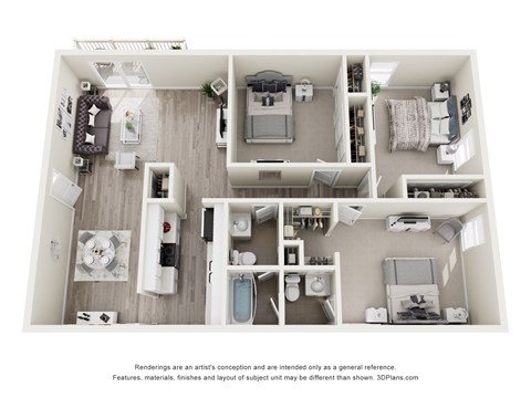 Floor plan for 3 beds, 2 baths, 1406 sqft